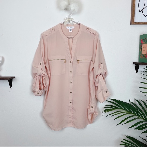 Calvin Klein Pink Zip-Pocket Roll Sleeve Blouse Size M - Picture 3 of 7